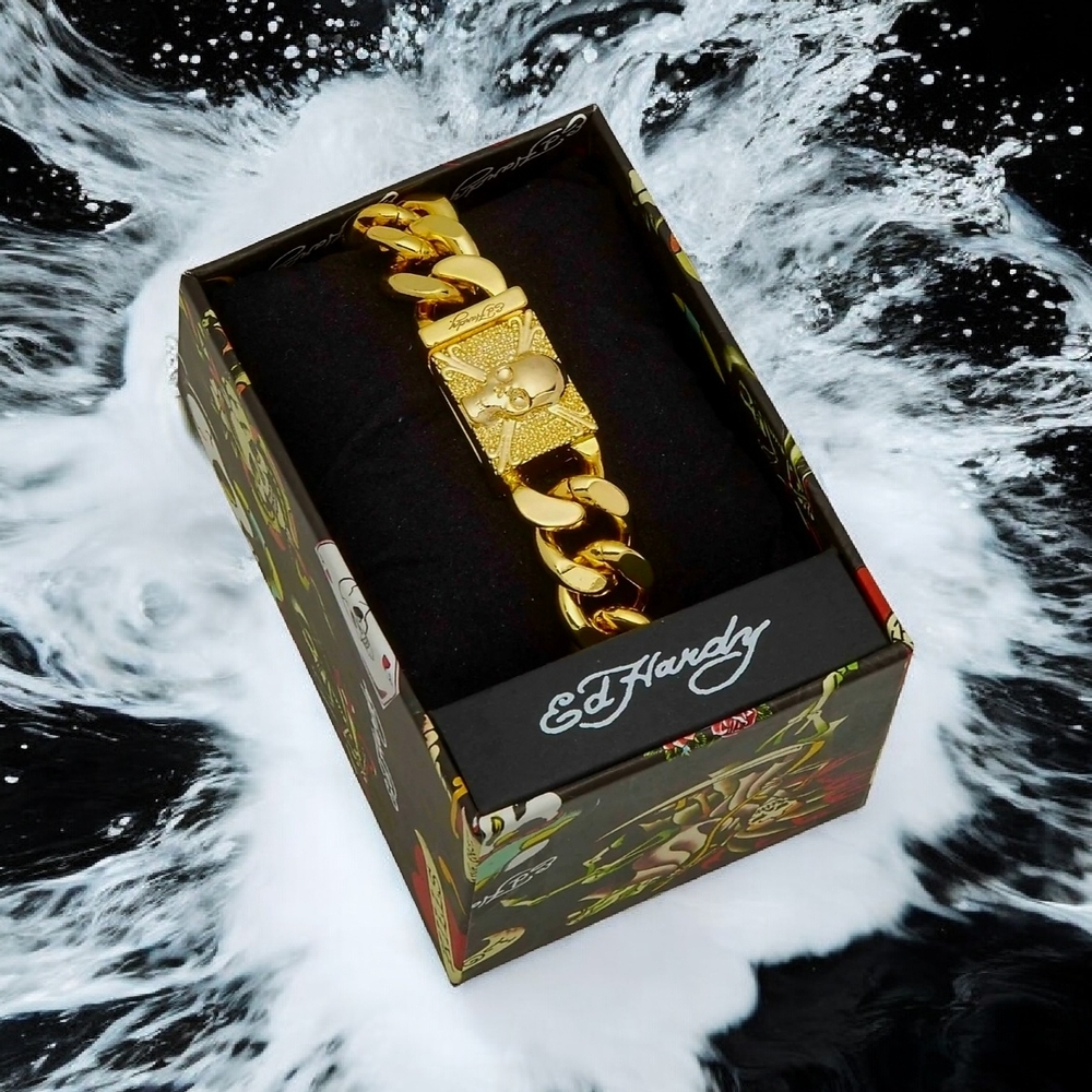 NWT Ed Hardy Men's Gold Ion-Plated Stainless Steel Skull Link Bracelet 8.5" Y2K - Picture 4 of 5